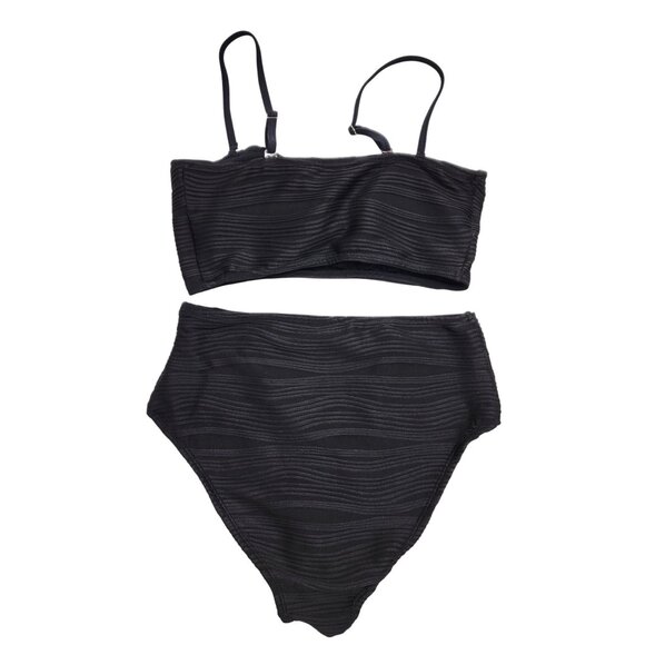 Black Textured Womens High-Waisted Bikini Set Swimsuit Adjustable Straps Size S - Picture 3 of 5